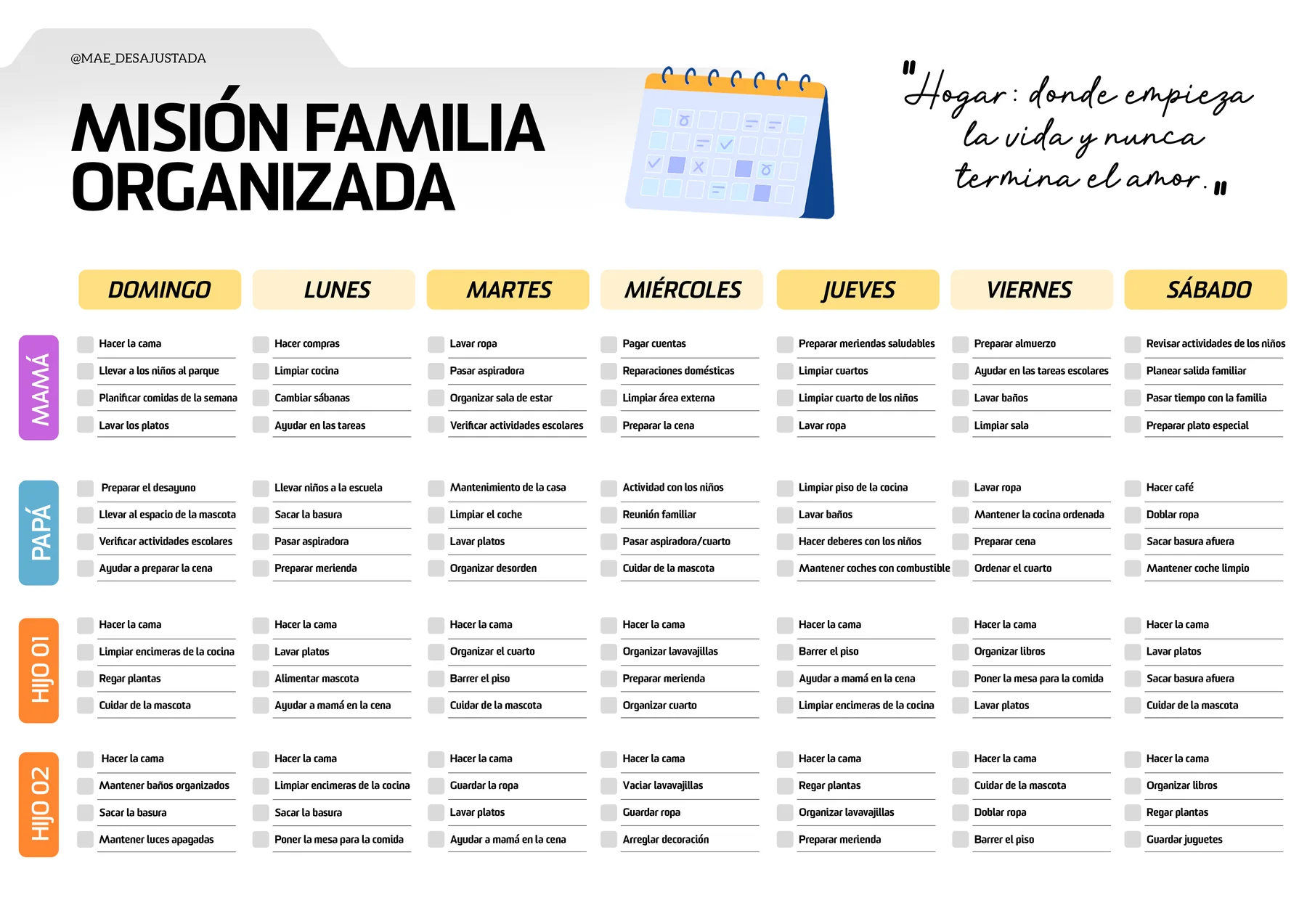 Planificador Misión Familia Organizada con responsabilidades divididas