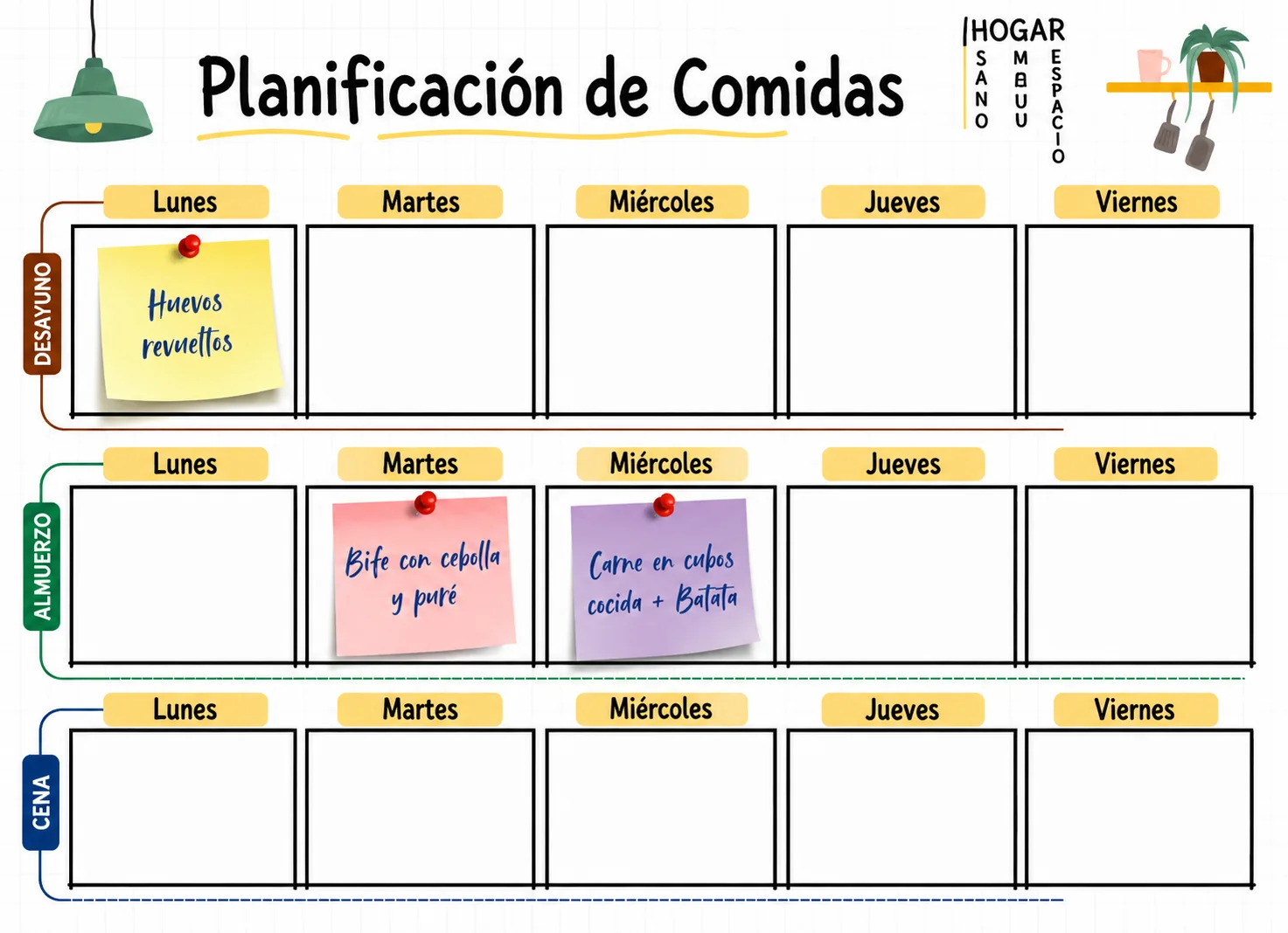 Planificador semanal de desayunos, almuerzos y cenas