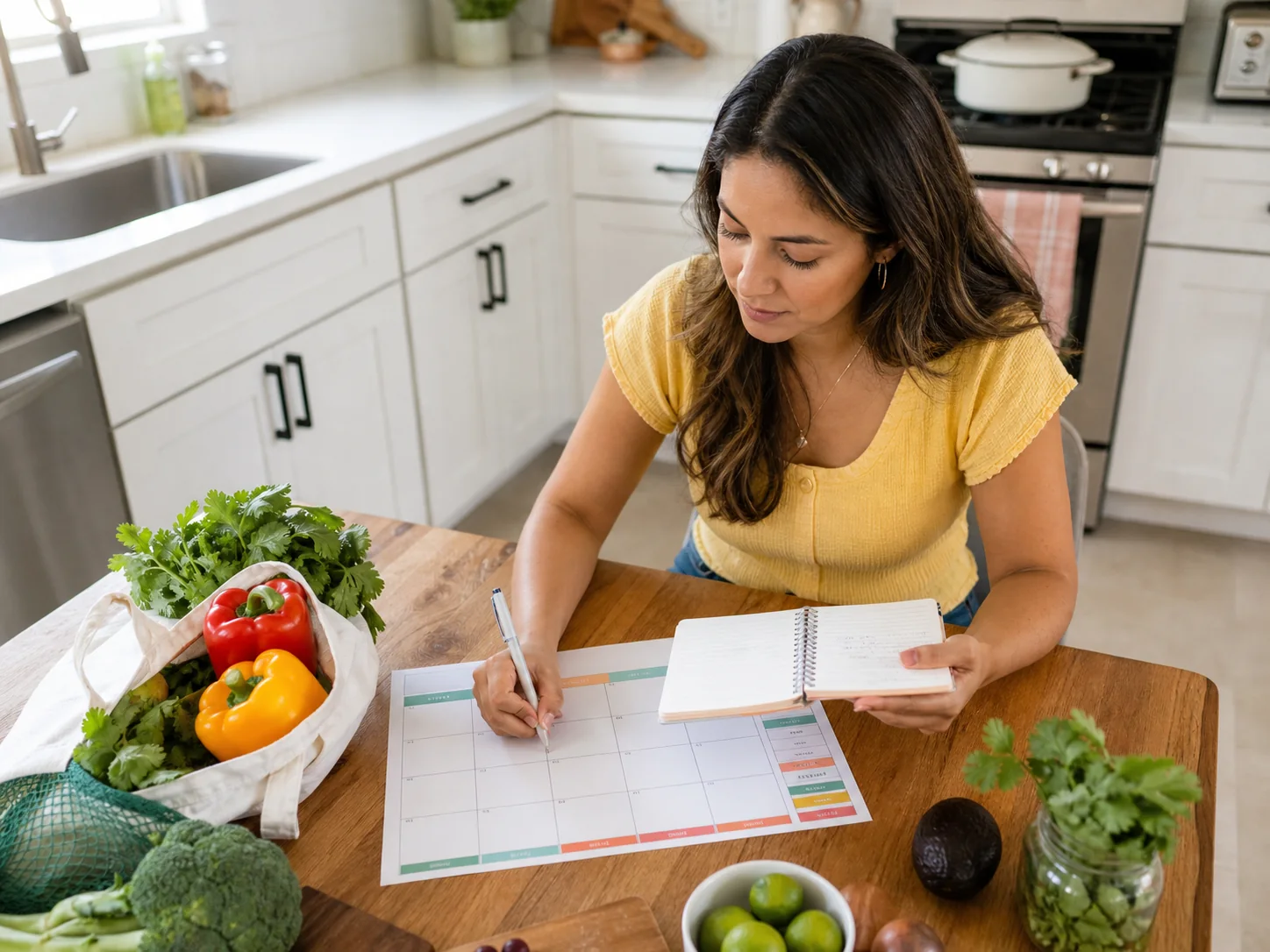 Mujer utilizando un planificador semanal de comidas