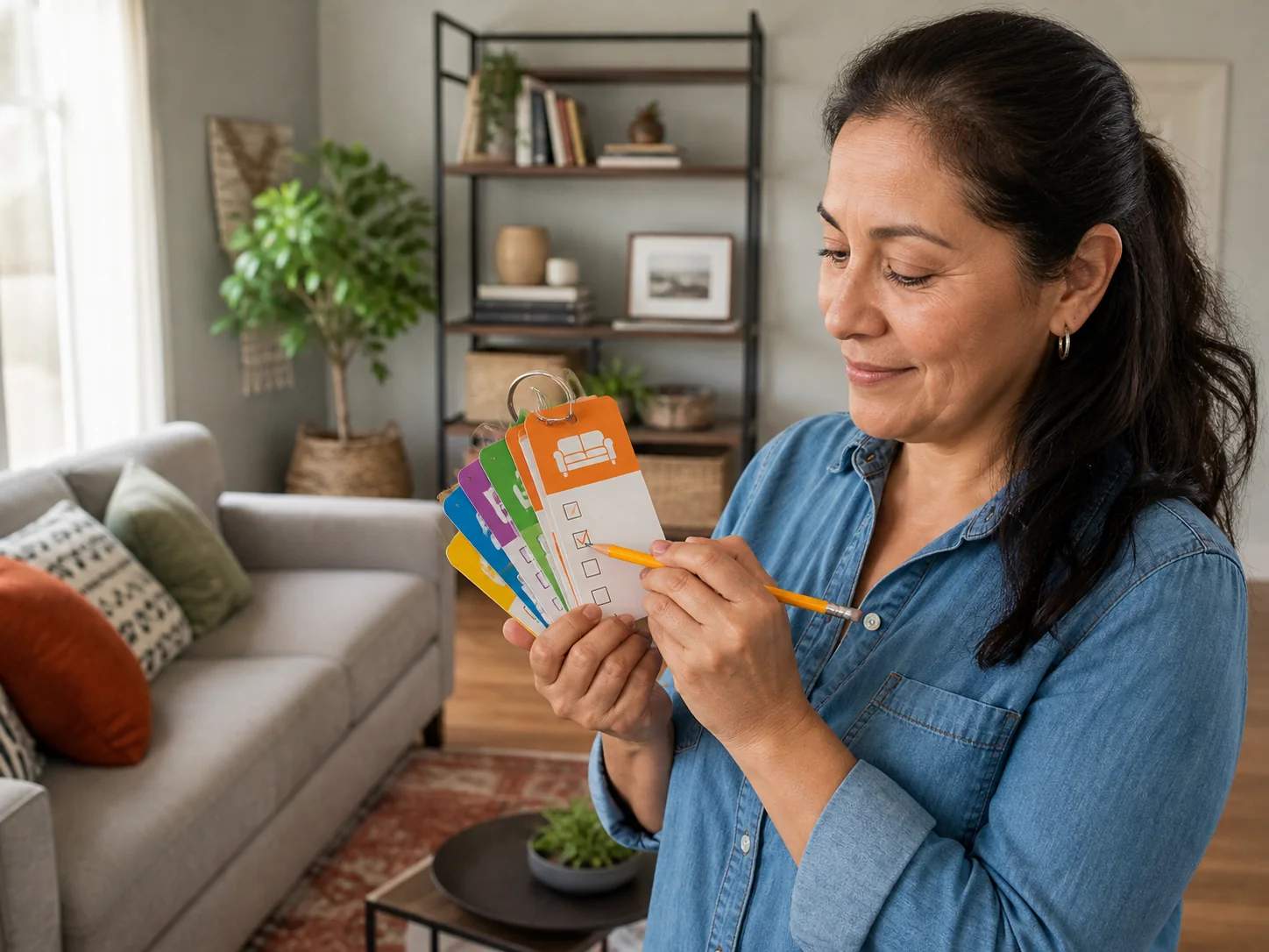 Mujer marcando tareas en tarjetas visuales de limpieza